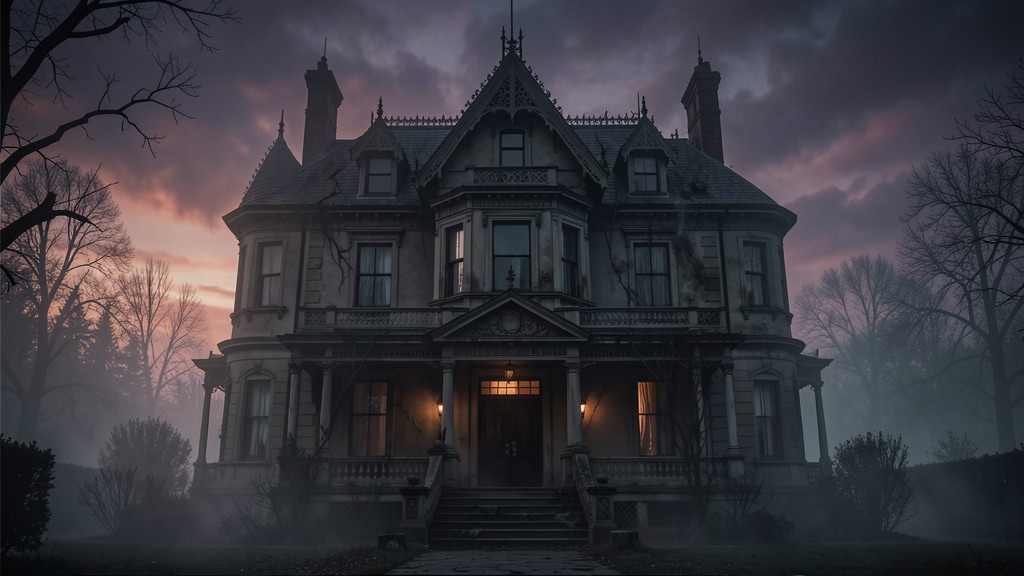 Fachada de mansão vitoriana em tons escuros, clima de horror