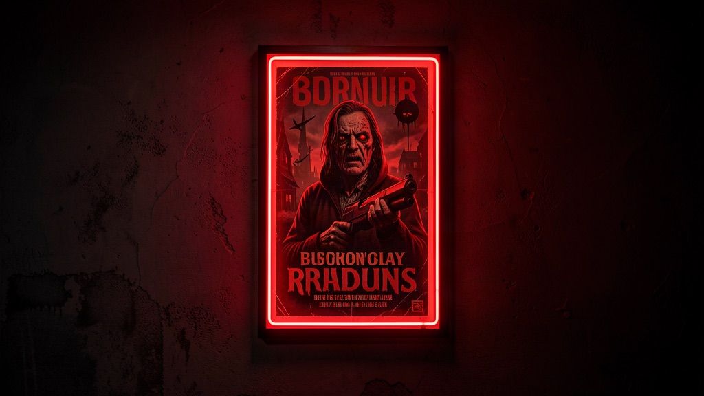 Cartaz de série de terror com neon vermelho em parede escura