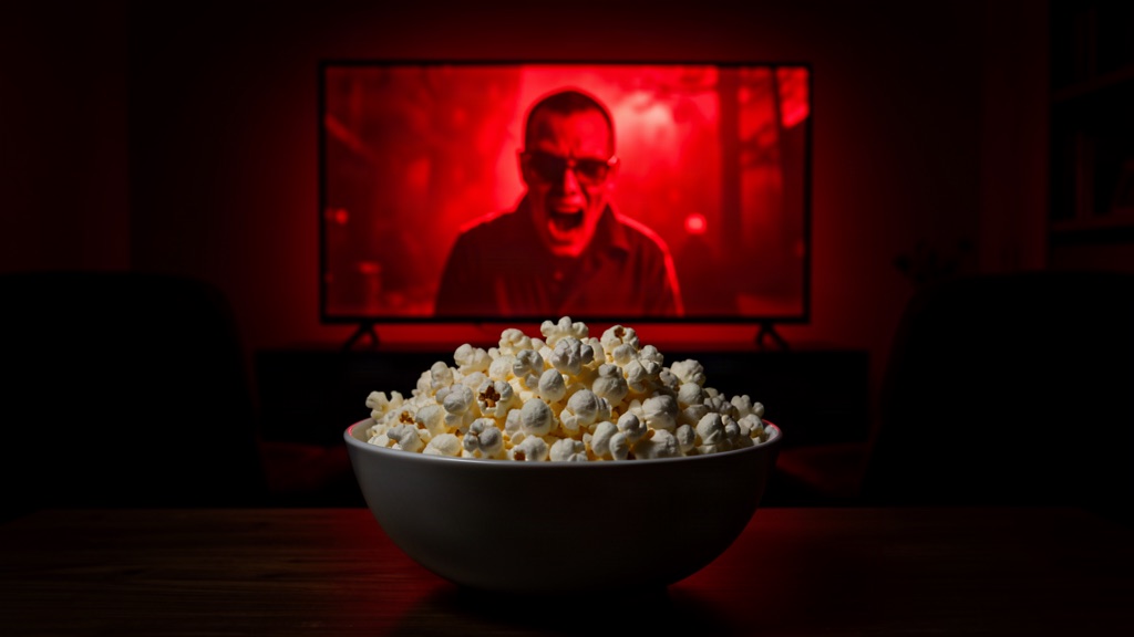 Bowl de pipoca em frente à TV com luz vermelha de filme de terror