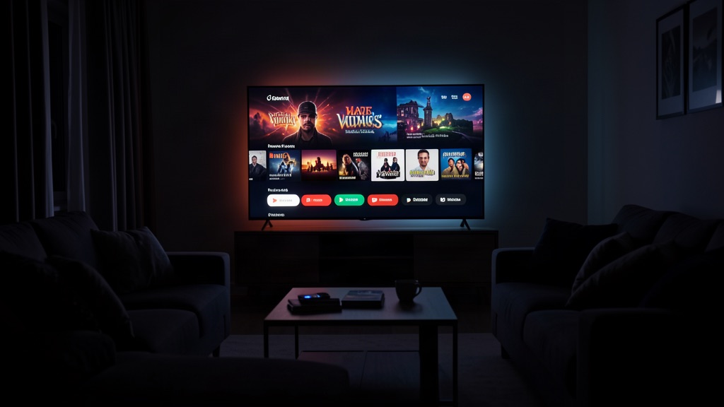 Tela de televisão com interface de streaming em sala escura