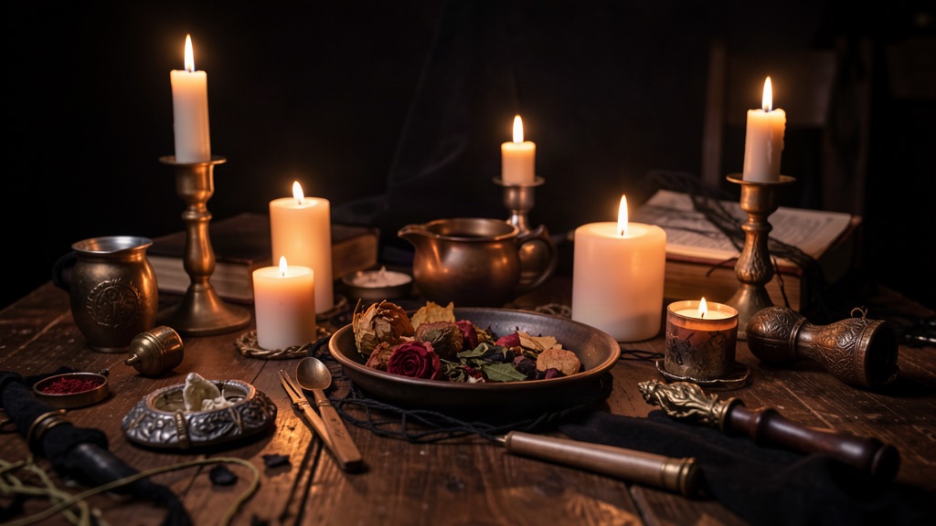 Velas acesas e objetos de ritual sobre mesa escura, estética de Coven
