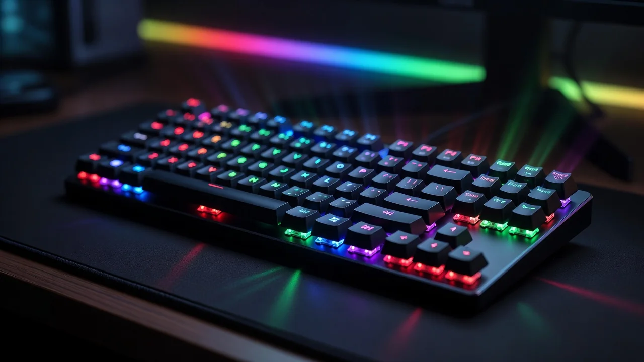 Teclado mecânico iluminado em RGB em mesa gamer escura Teclado mecânico iluminado em RGB em mesa gamer escura