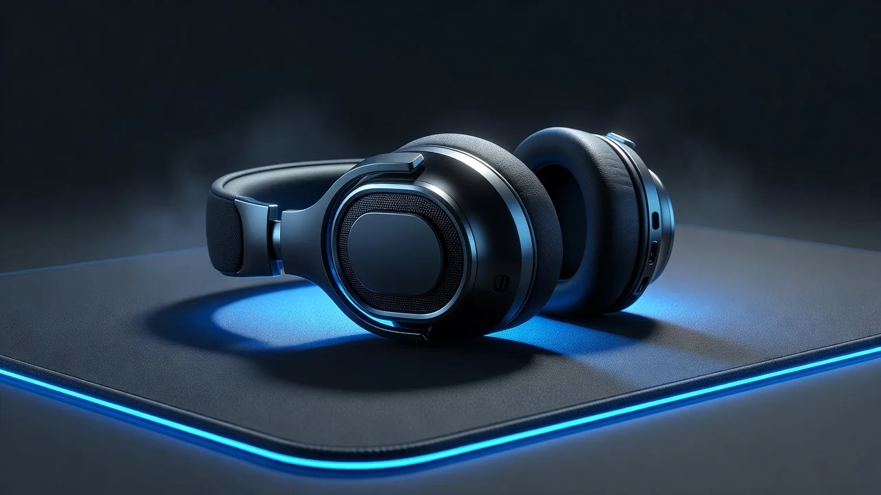 Fones de ouvido gamer sobre mousepad com luz azul neon Fones de ouvido gamer sobre mousepad com luz azul neon