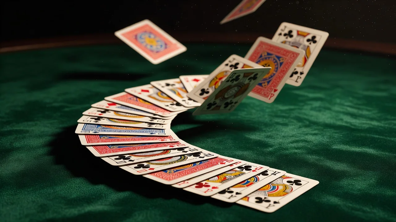 Cartas de baralho sendo distribuídas sobre mesa de feltro verde