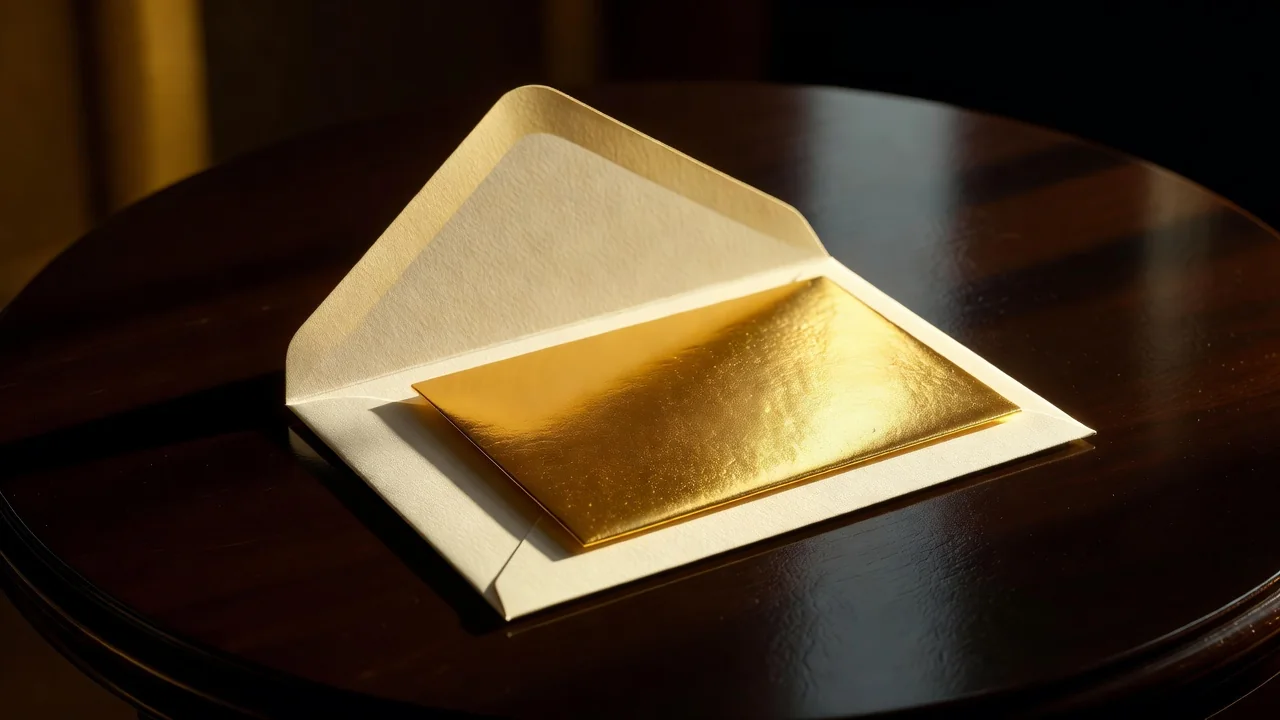 Envelope aberto com cartão dourado sobre mesa escura