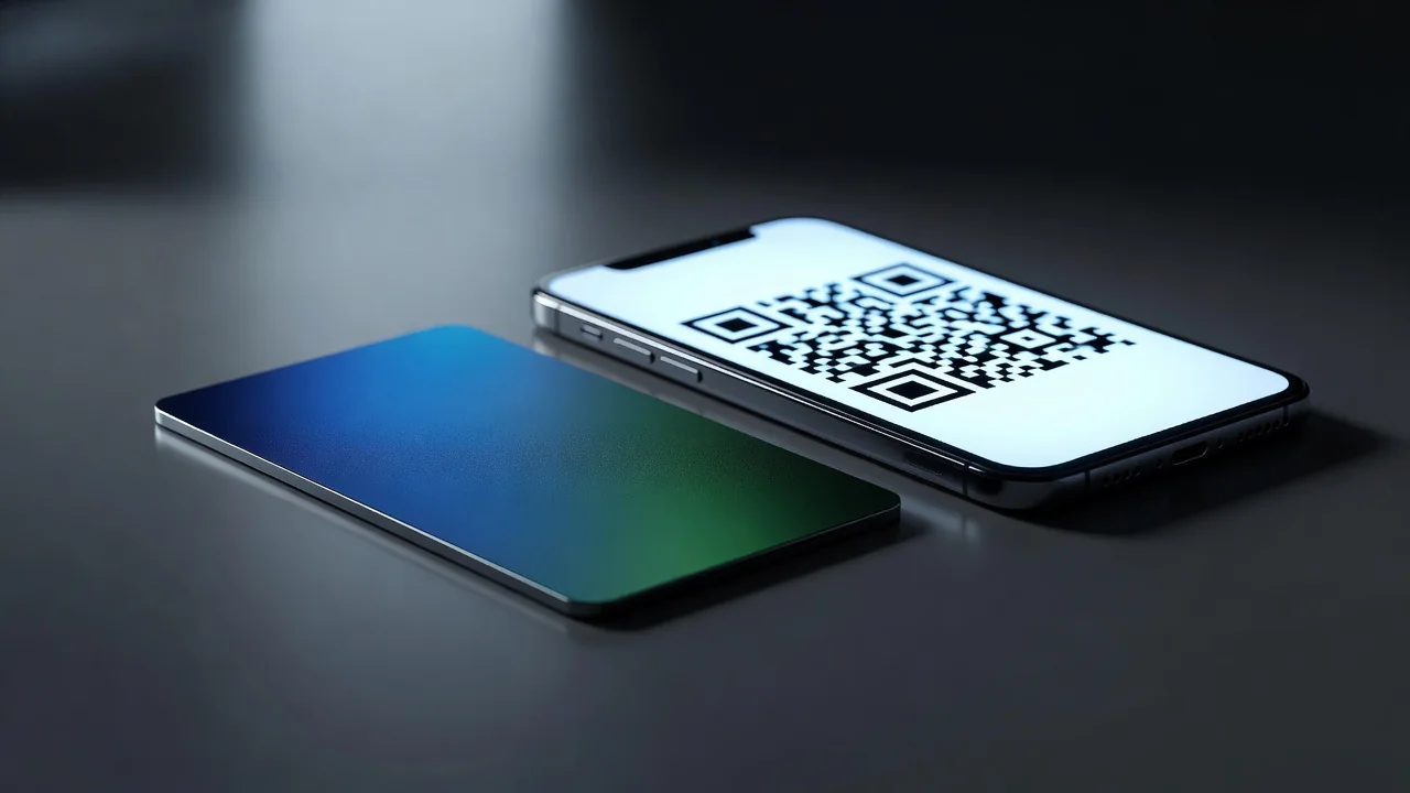Cartão bancário ao lado de smartphone com QR Code iluminado na tela