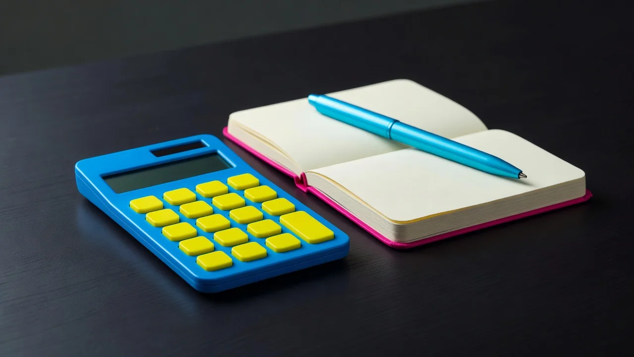 Calculadora, caderno de anotações e caneta sobre mesa escura