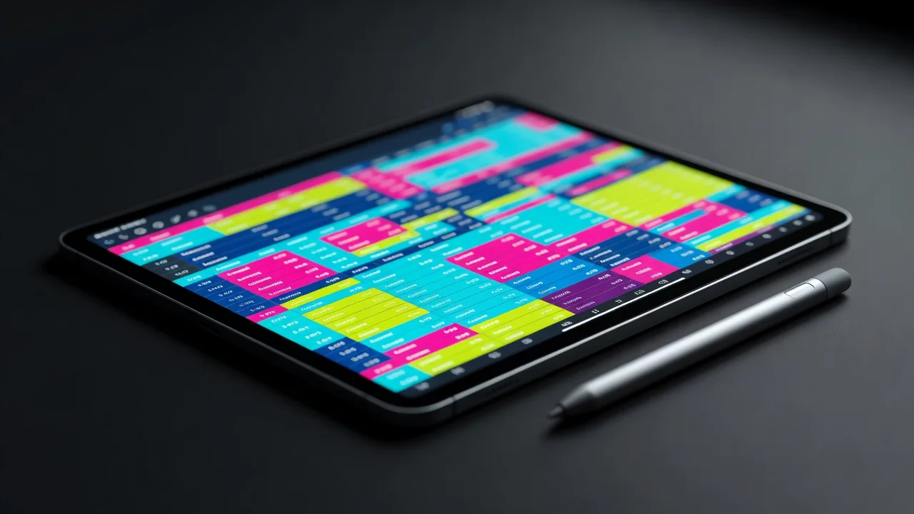 Planilha de controle em tela de tablet com caneta ao lado