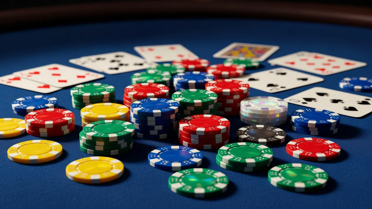 Fichas de cassino coloridas e cartas sobre mesa de feltro azul iluminada