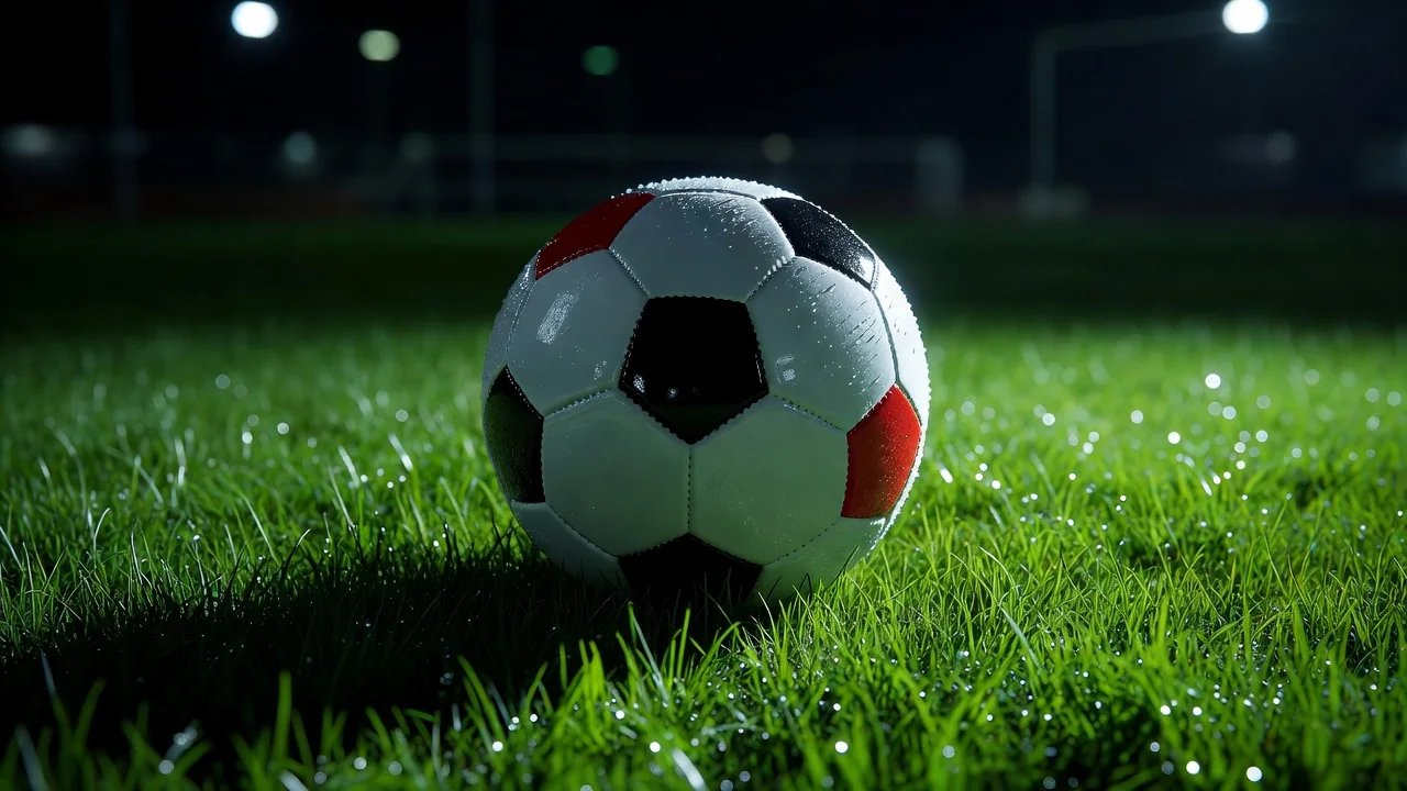 Bola de futebol oficial em grama molhada iluminada por refletores à noite