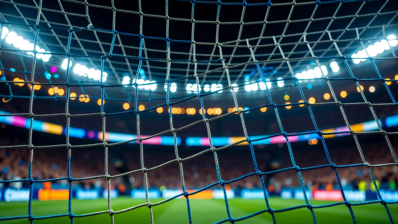 Rede de gol balançando em close com luzes de estádio desfocadas ao fundo