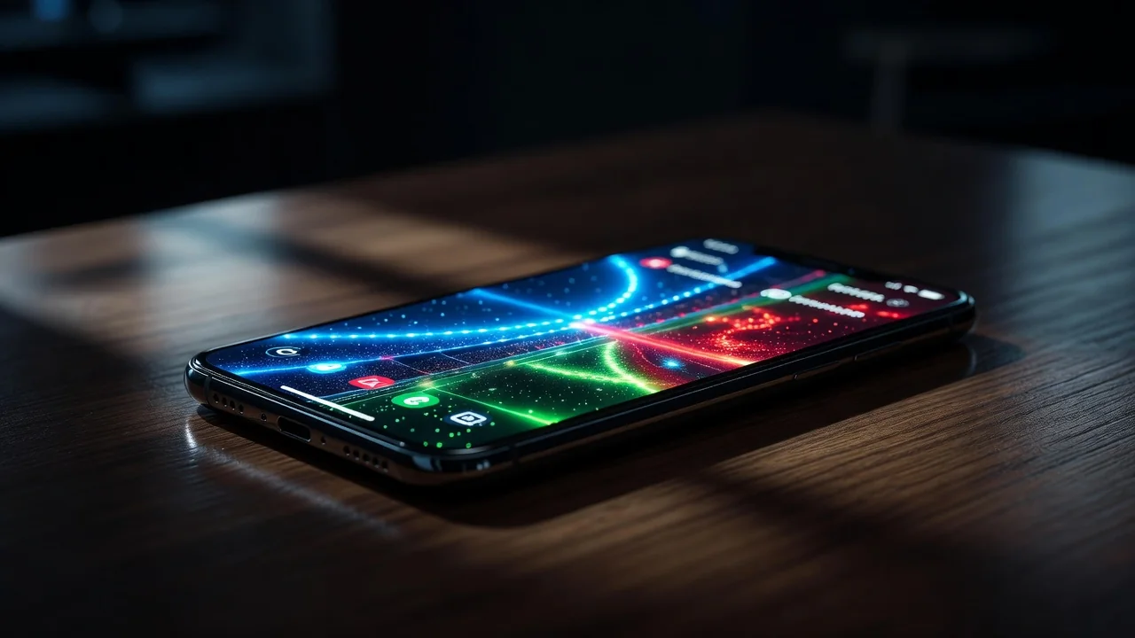 Smartphone com interface de partida ao vivo apoiado em mesa em ambiente noturno Smartphone com interface de partida ao vivo apoiado em mesa em ambiente noturno