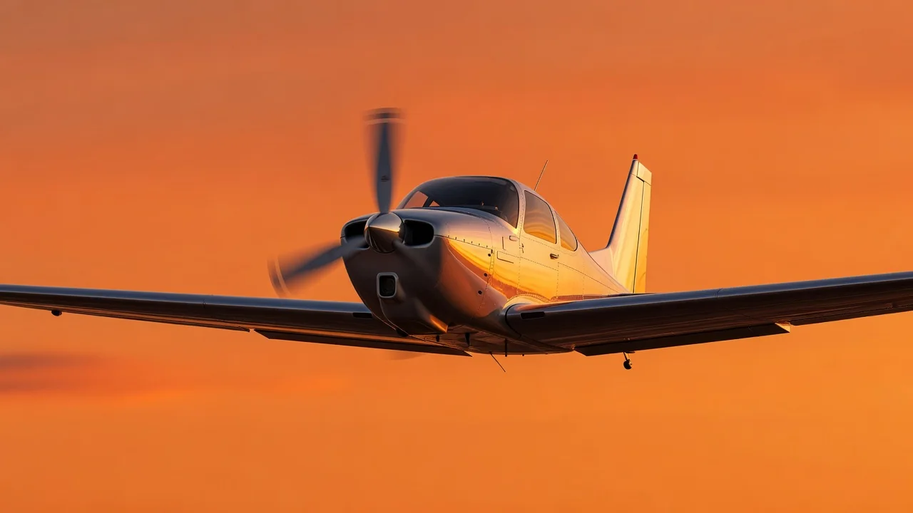 Avião pequeno de hélice cruzando céu alaranjado de fim de tarde