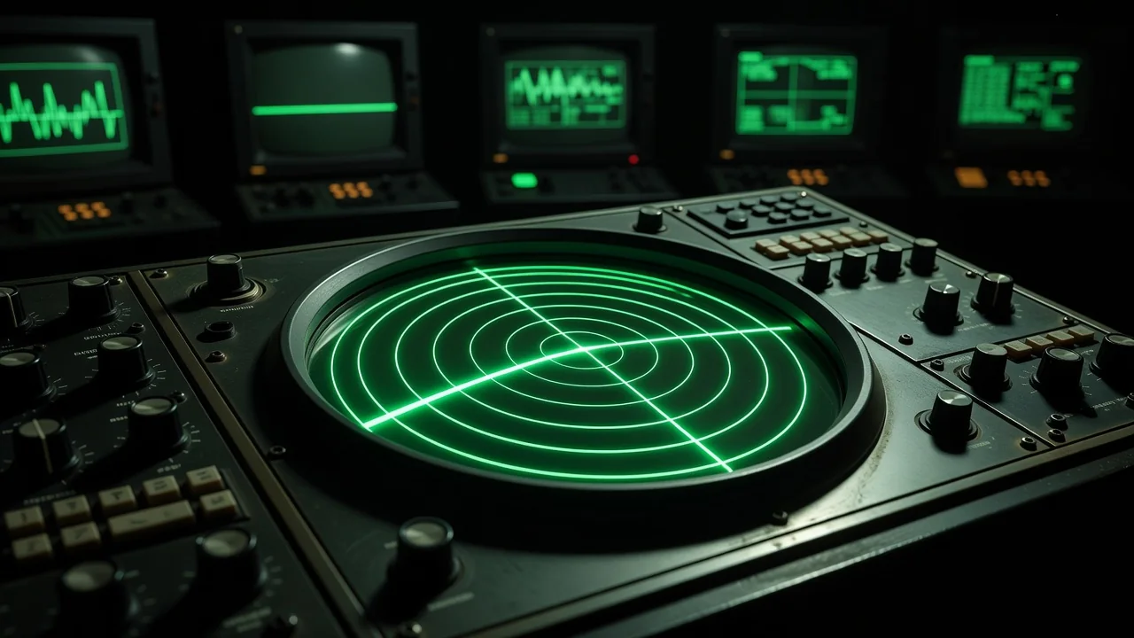 Radar verde brilhando em sala escura com monitores ao fundo