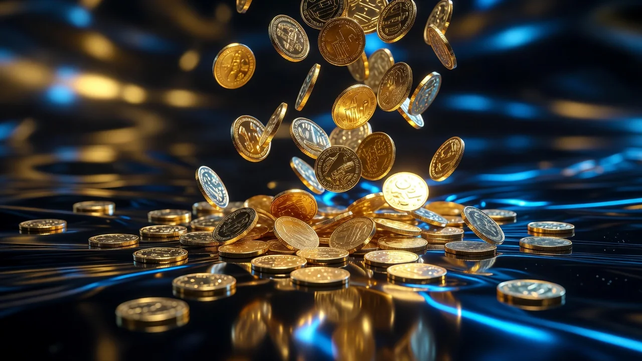 Moedas douradas caindo sobre superfície escura com reflexos azuis