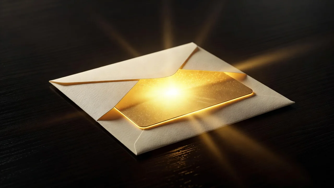 Envelope aberto com cartão dourado brilhando sobre mesa escura