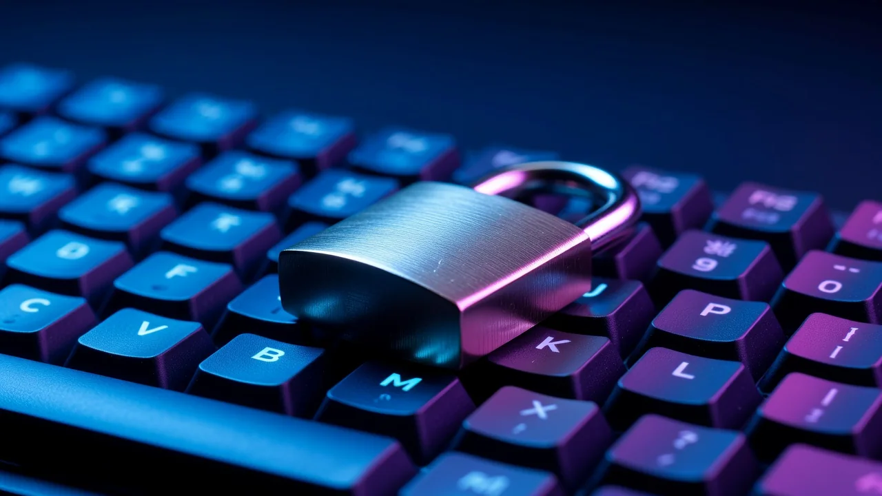 Cadeado metálico sobre teclado em luz azul escura