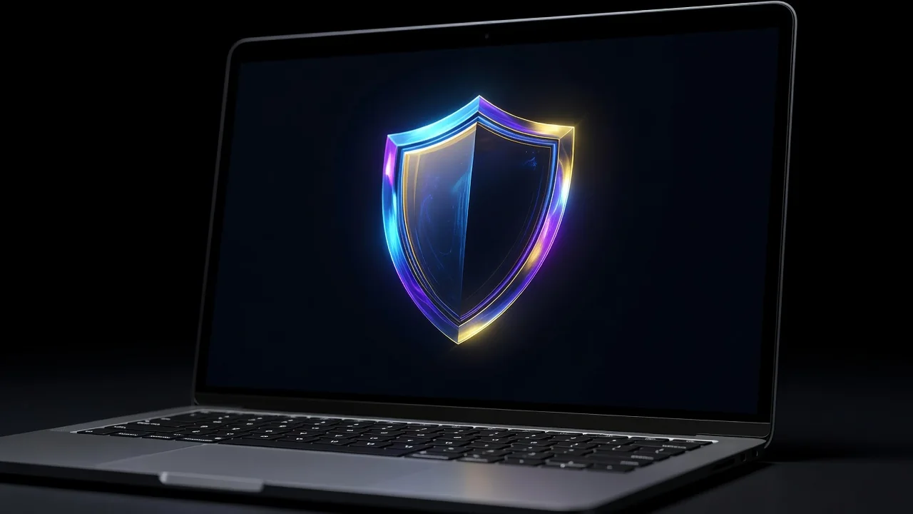 Tela de laptop com escudo de segurança brilhando no escuro