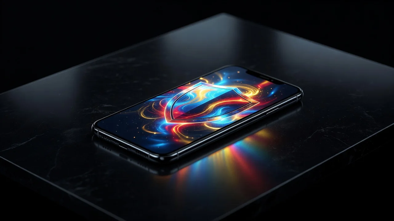 Smartphone com escudo brilhante na tela sobre mesa escura