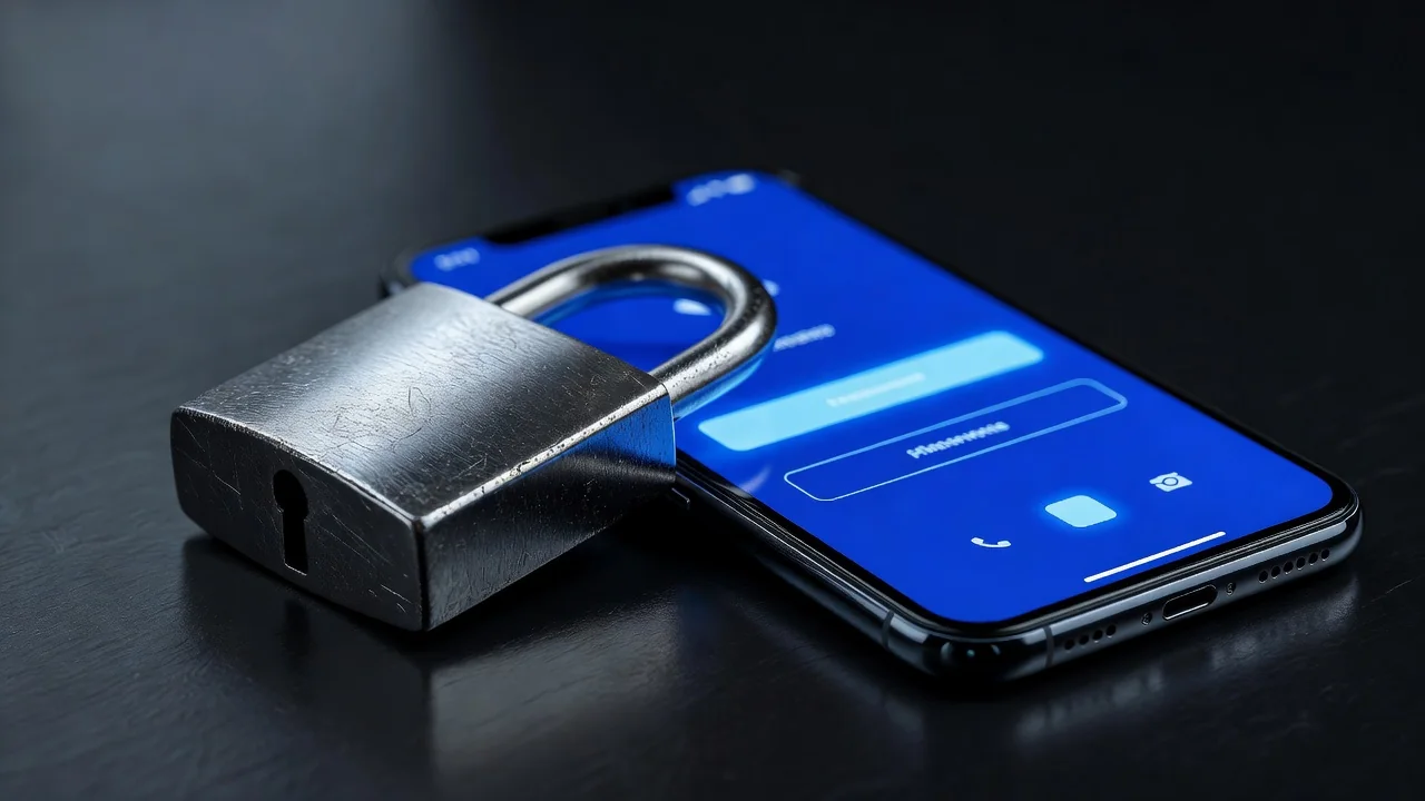 Cadeado metálico ao lado de celular com tela de senha em luz azul Cadeado metálico ao lado de celular com tela de senha em luz azul