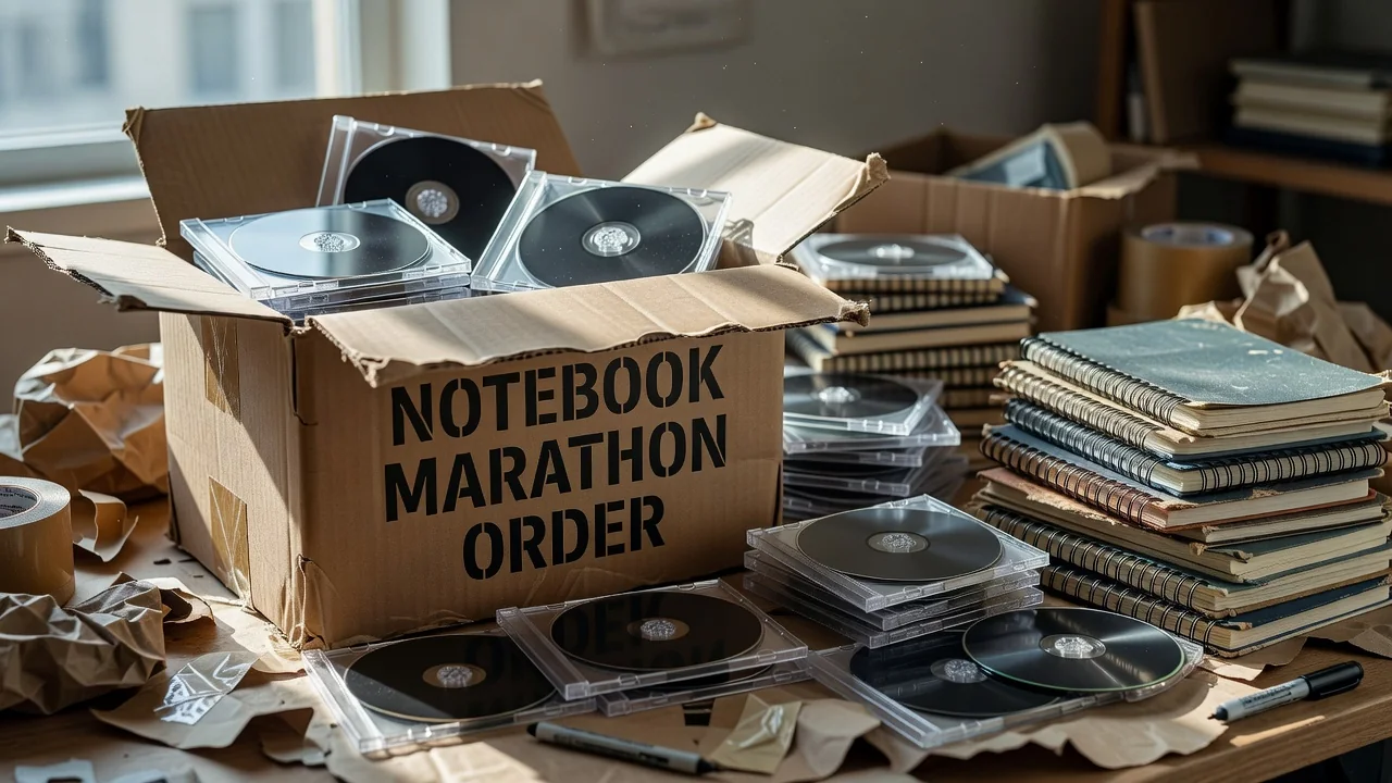 Box de temporadas de AHS e um caderno com ordem de maratona