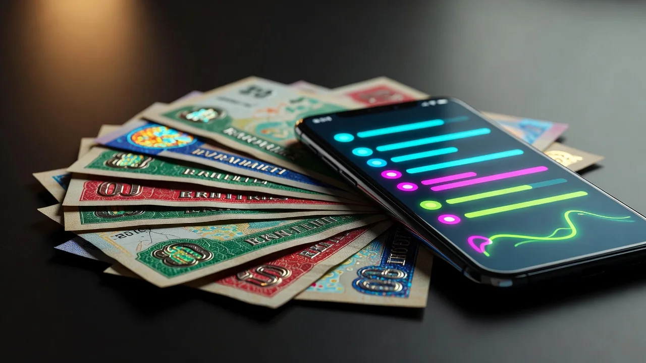 Cédulas de dinheiro ao lado de smartphone com notificação bancária Cédulas de dinheiro ao lado de smartphone com notificação bancária