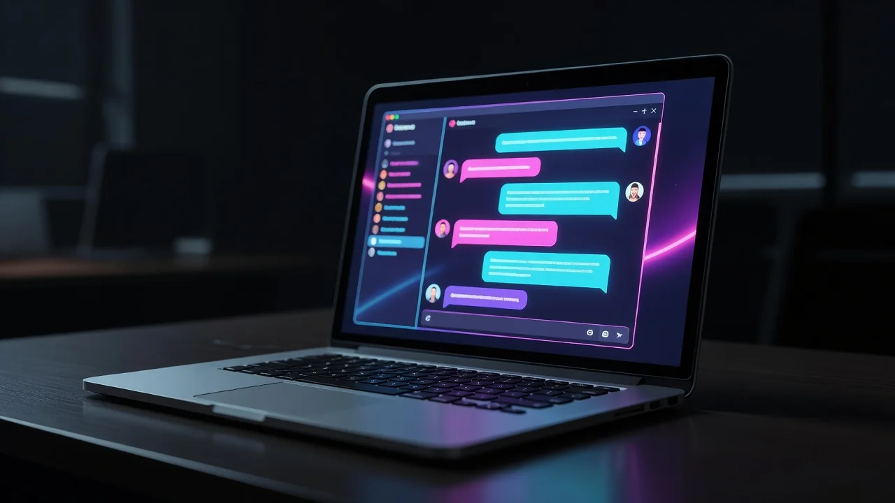 Tela de laptop com janela de chat aberta em escritório escuro