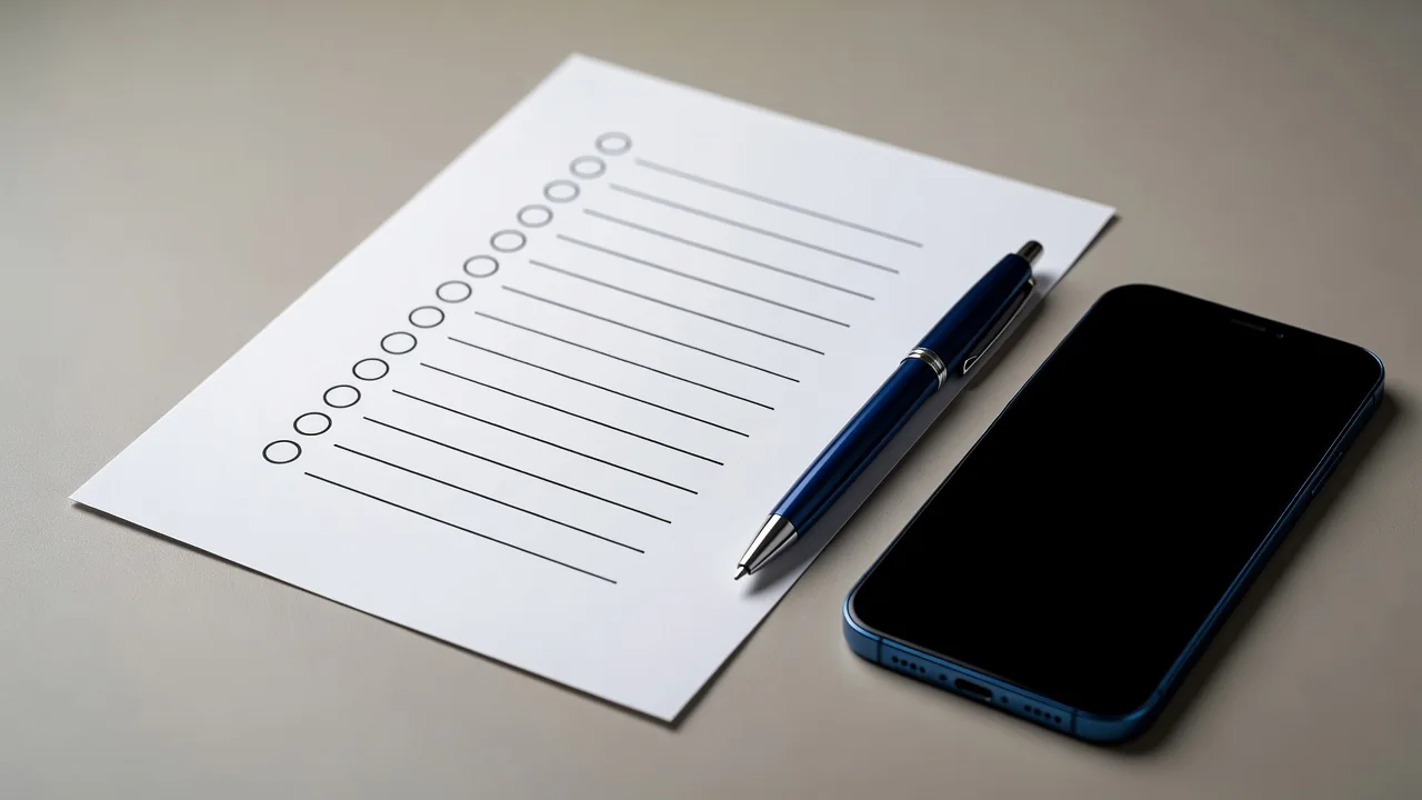 Checklist em papel ao lado de caneta e smartphone em luz suave