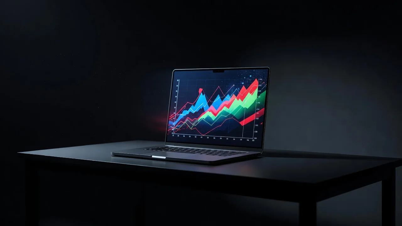 Tela de notebook com gráfico de partida ao vivo em quarto escuro