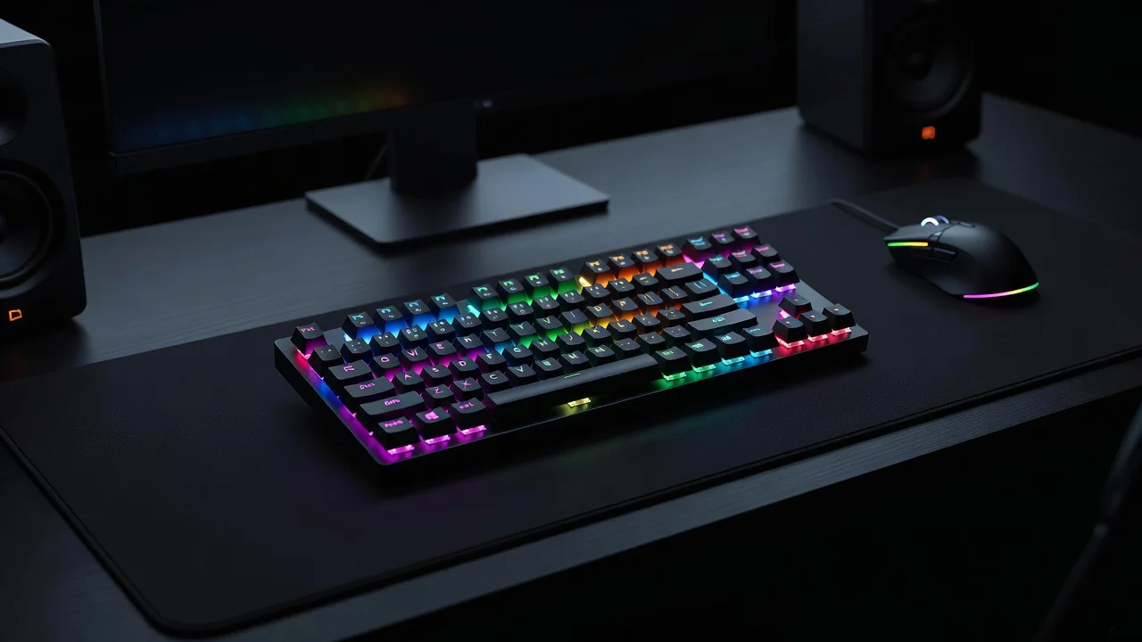 Teclado mecânico iluminado em RGB em mesa gamer escura