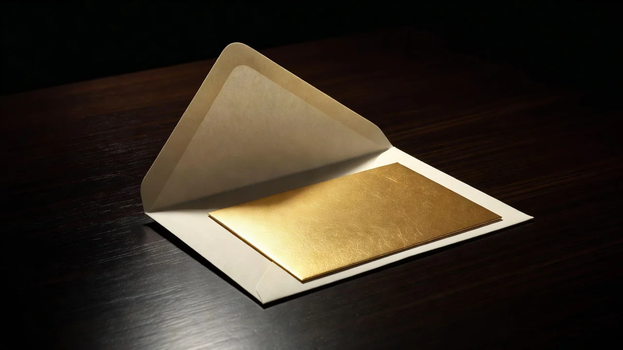 Envelope aberto com cartão dourado sobre mesa escura