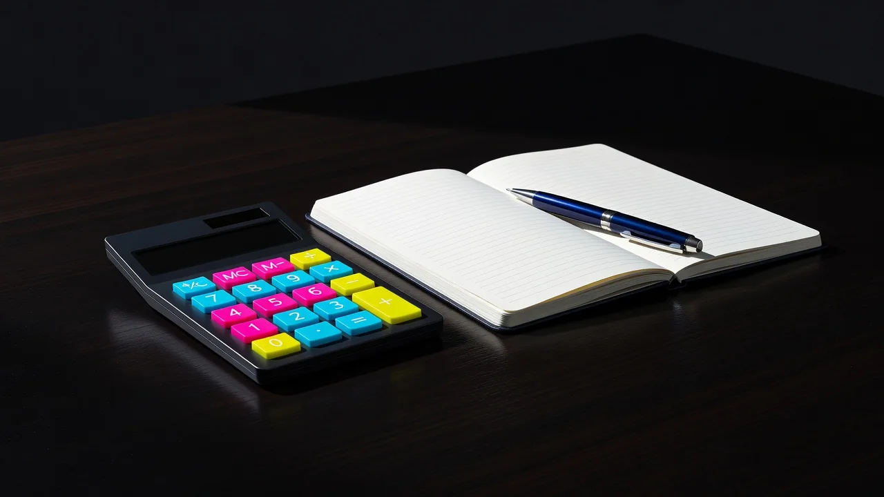 Calculadora, caderno de anotações e caneta sobre mesa escura