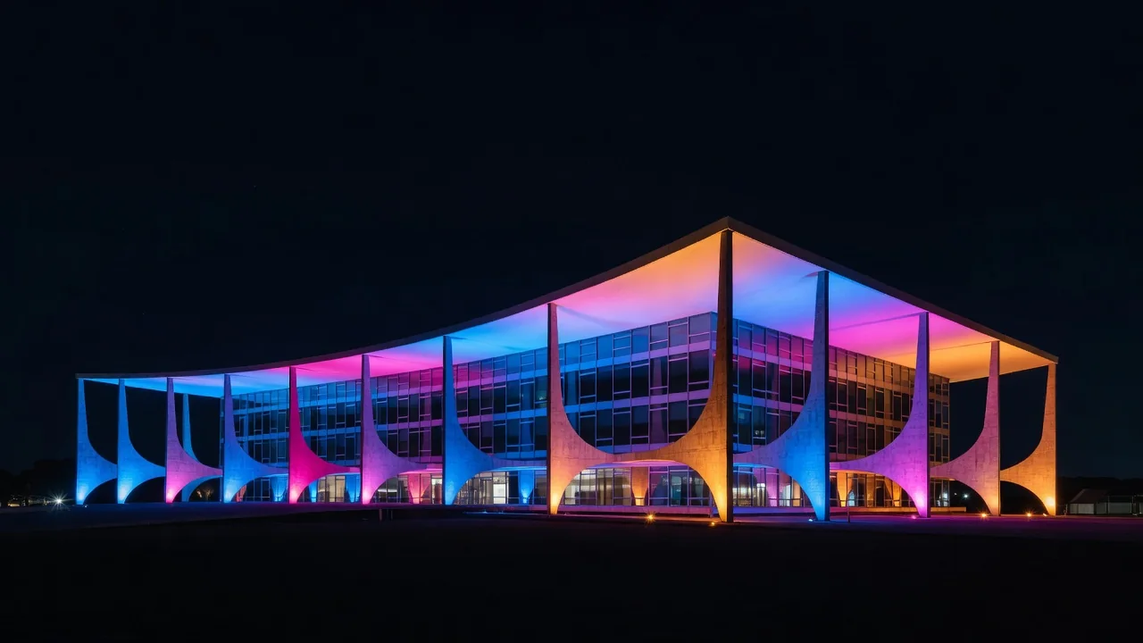 Prédio governamental iluminado à noite em Brasília