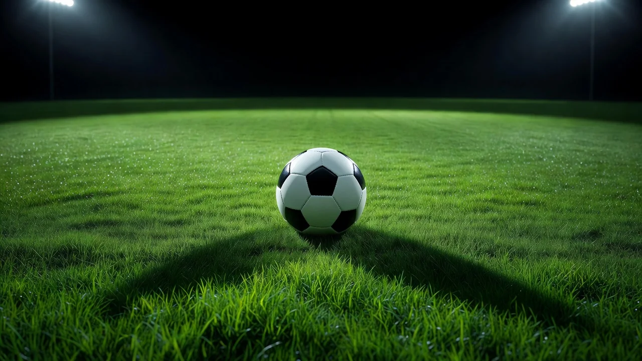 Bola de futebol em grama iluminada por refletores à noite
