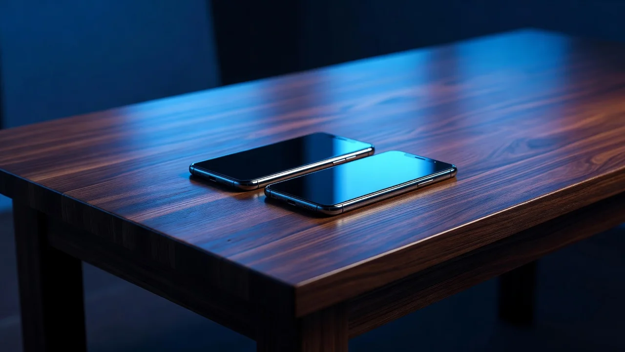 Dois smartphones sobre mesa de madeira com luz ambiente azul