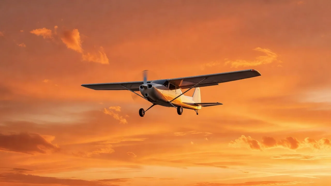 Avião pequeno de hélice cruzando céu alaranjado de fim de tarde
