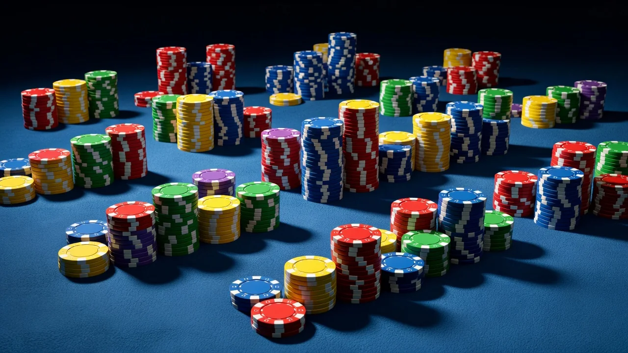 Fichas de cassino coloridas empilhadas sobre mesa de feltro azul