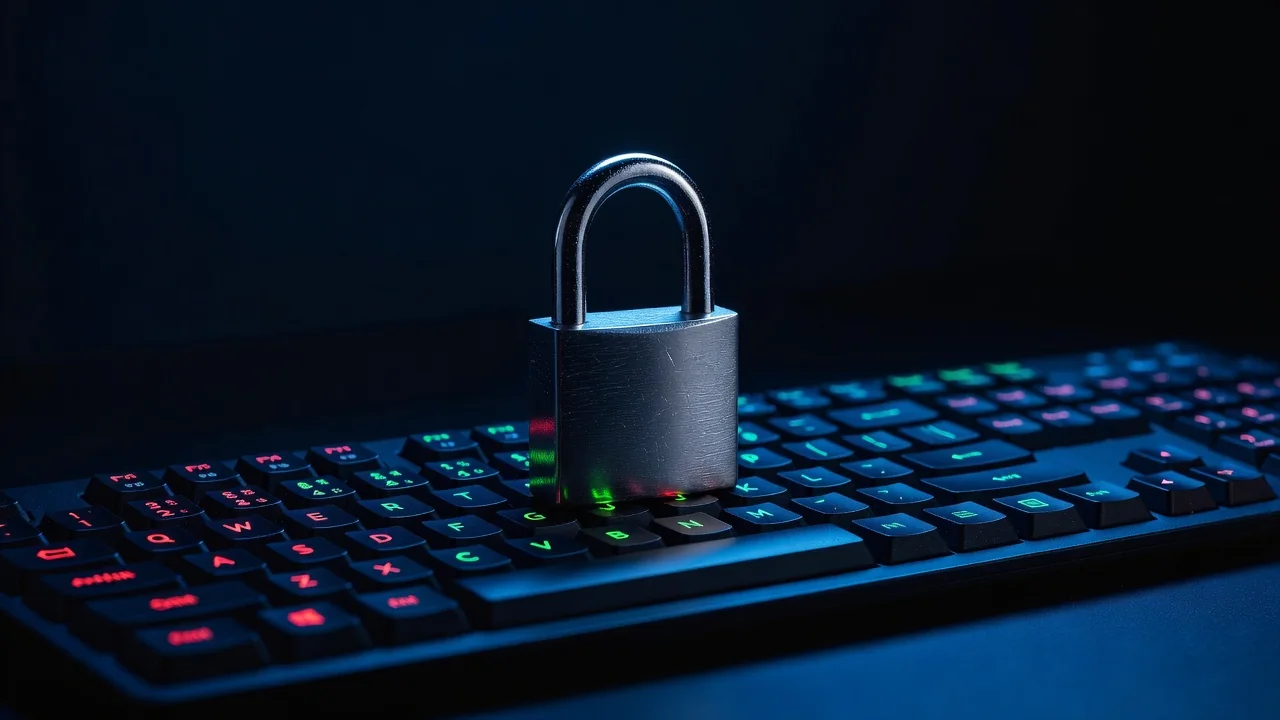 Cadeado metálico sobre teclado em luz azul escura