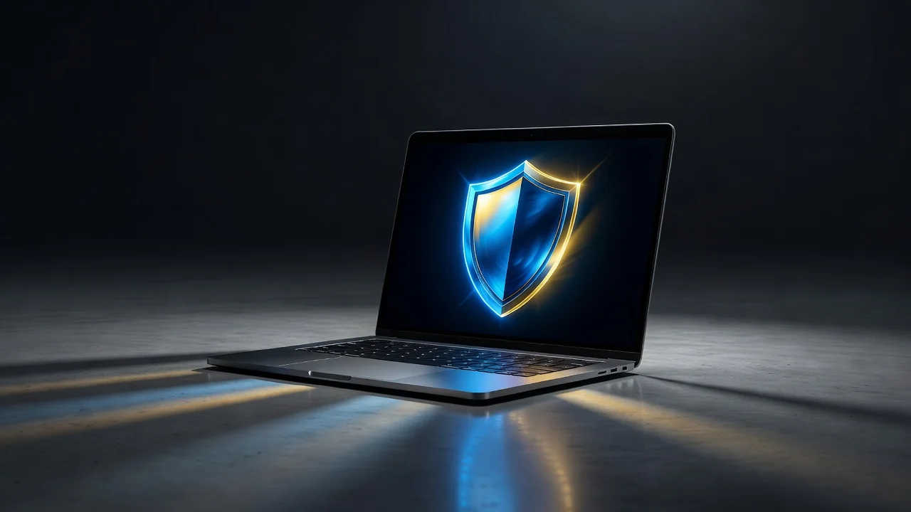 Tela de laptop com escudo de segurança brilhando no escuro