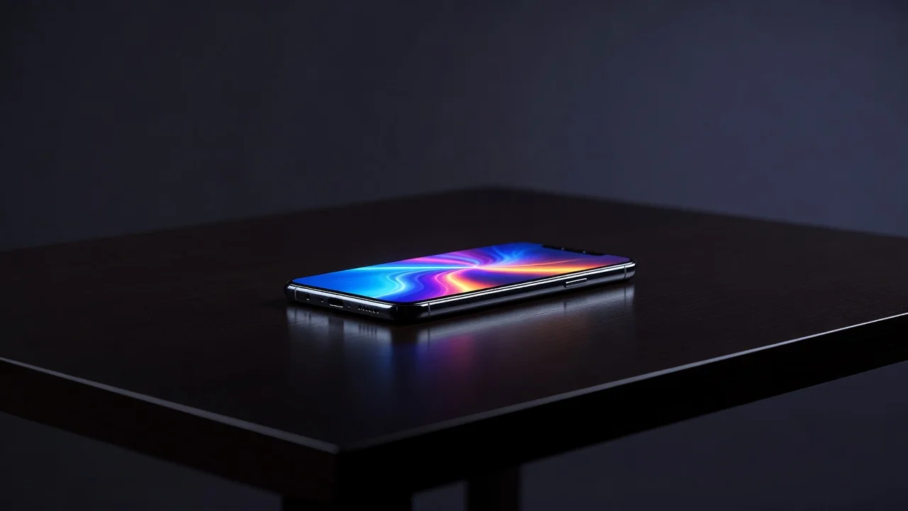 Smartphone com tela de login iluminada sobre mesa escura
