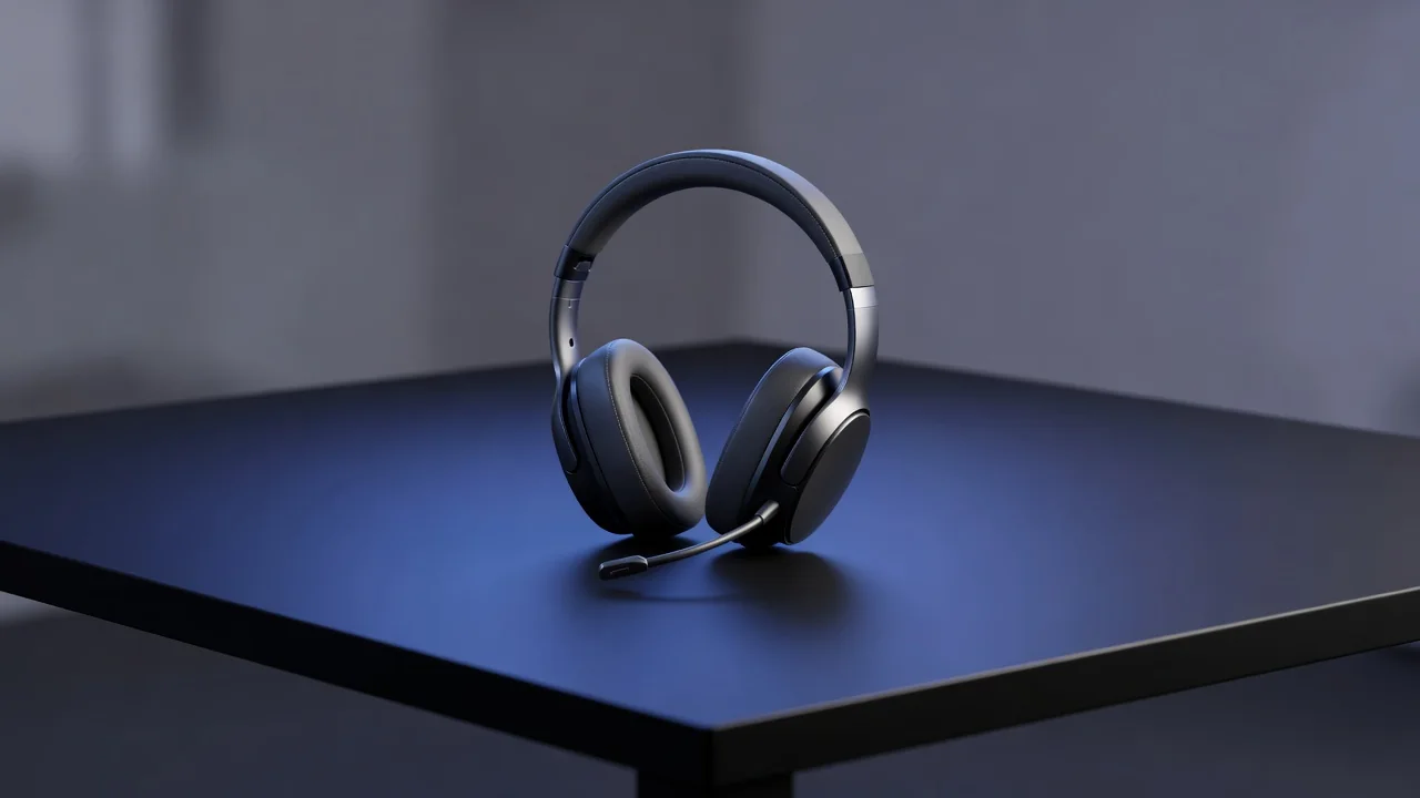 Fone de ouvido com microfone sobre mesa com luz suave azulada